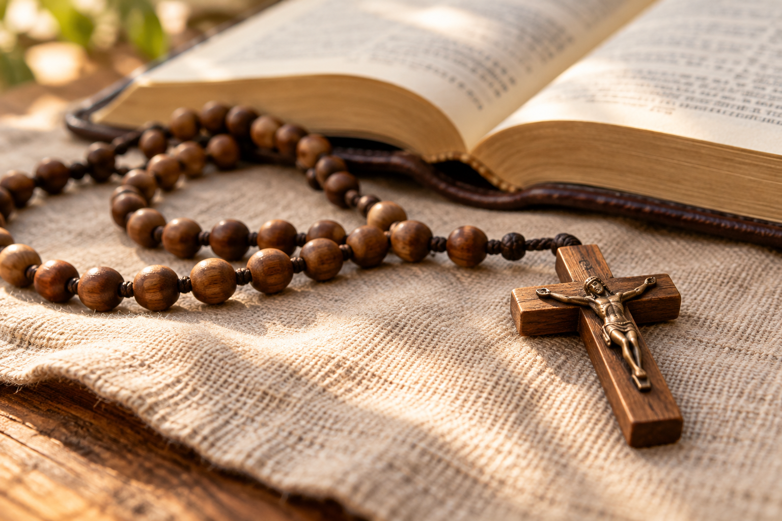 Rosary beads beside a prayer book